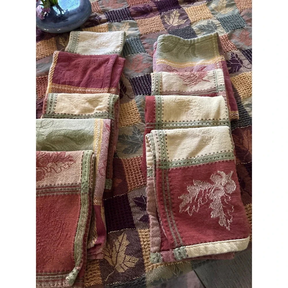 Autumn Leaf Patchwork Woven Jacquard Tablecloth 48x58 8 Napkins Set Earth Tones